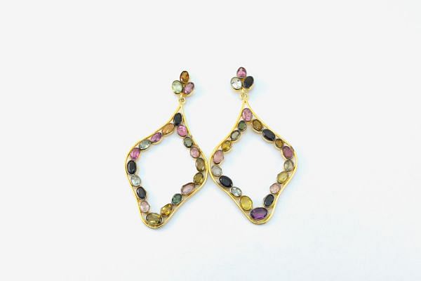  Fine  925 Sterling Earrings Silver Studded With Bi Colour Tourmaline in 5.3cm size 
