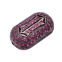 925 Sterling Silver Pave Diamond Bead With Ruby Stone, Oval Shape-18.00x10.00 mm Size, Black Rhodium Plating. Sold By 1 Pcs, F-178