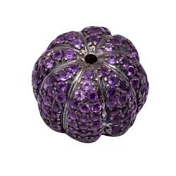 925 Sterling Silver Ball Shape, Pave Diamond Bead With Natural Amethyst Stone