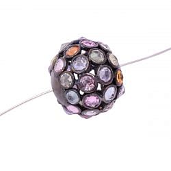 925 Sterling Silver Natural Multi Sapphire Stone In Round Shape Pave Diamond Bead.