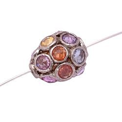 925 Sterling Silver Natural Multi Sapphire Stone In Oval Drop Shape Pave Diamond Bead.