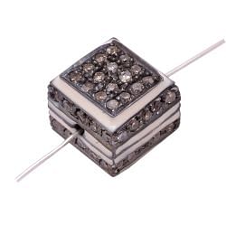 925 Sterling Silver Square Shape Pave Diamond Bead With White Enamel.