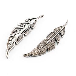 925 Sterling Silver Leaf  Shape- Pave Diamond Pendant With 48.00x11.00mm.