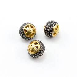 925 Sterling Silver Pave Diamond Bead, Roundel Shape-12.50x13.50mm, Gold And Black Rhodium Plating. Sold By 1 Pcs, F-1343