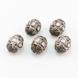 925 Sterling Silver Pave Diamond Beads with Polki Diamond, Oval Shape-19.00x15.50x13.00 mm, Black And White Rhodium Plating. Sold By 1 Pcs, F-1438