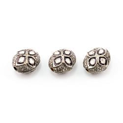 925 Sterling Silver Pave Diamond Beads with Polki Diamond, Oval Shape-15.50x13.00x9.50 mm, Black And White Rhodium Plating. Sold By 1 Pcs, F-1443