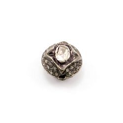 925 Sterling Silver Pave Diamond Beads with Polki Diamond, Round Shape-12.00x12.00x9.00 mm, Black/ White Rhodium Plating. Sold By 1 Pcs, F-1457