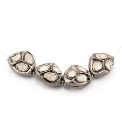 925 Sterling Silver Pave Beads with Polki Diamond, Trillion Shape-15.00x13.00x8.00 mm, Black/ White Rhodium Plating. Sold By 1 Pcs, F-1459