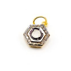 925 Sterling Silver Pave Diamond Pendant with Polki Diamond, Hexagon Shape-15.50x11.00mm, Gold And Black/White Rhodium Plating. Sold By 1 Pcs, F-1468