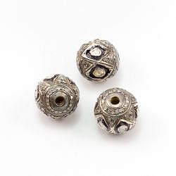 925 Sterling Silver Pave Diamond Bead with Polki Diamond, Round Shape-13.00 mm, Black/White Rhodium Plating. Sold By 1 Pcs, F-1480