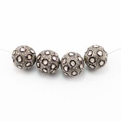 925 Sterling Silver Pave Diamond Beads with Polki Diamond, Round Ball Shape-15.00mm, Black/White Rhodium Plating. Sold By 1 Pcs, F-1495