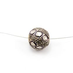 925 Sterling Silver Pave Diamond Beads with Polki Diamond, Round Ball Shape-16.00x16.00mm, Black/White Rhodium Plating. Sold By 1 Pcs, F-1501