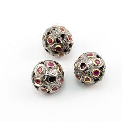 925 Sterling Silver Pave Diamond Beads With Ruby Stone - 13X14mm Size ,F-1554