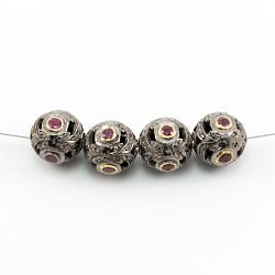 925 Sterling Silver Pave Diamond Beads Studded With Ruby Stone - 12 MM Size, F-1557