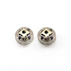 925 Sterling Silver Pave Diamond Beads with Sapphire Stone, Roundel Shape-15.00x13.00mm, Gold And Black Rhodium Plating. Sold By 1 Pcs, F-1570