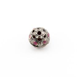 925 Sterling Silver Pave Diamond Beads - Ruby Stone(13.50X13.50MM) -  F-1571