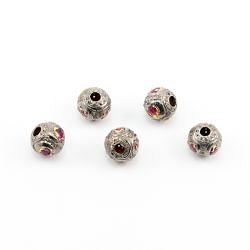925 Sterling Silver Pave Diamond Beads With Ruby Stone In 9X9 MM Size - F-1581