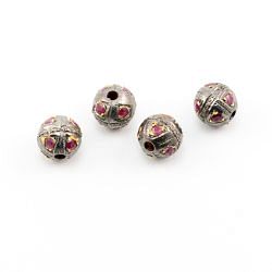 925 Sterling Silver Pave Diamond Beads With Ruby Stone - 10MM Size , F-1583