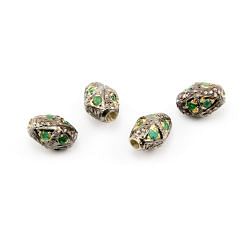 925 Sterling Silver Pave Diamond Beads Studded With Emerald Stone - 11X8MM,  F-1593