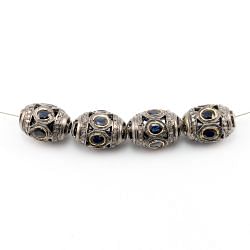 925 Sterling Silver Pave Diamond Beads With Sapphire Stone - 15.50X11MM , F-1602