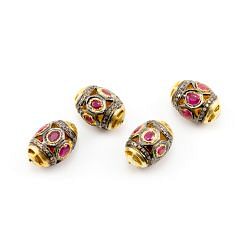 925 Sterling Silver Pave Diamond Beads Studded With Ruby Stone- 16X10.50MM , F-1603