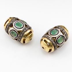 925 Sterling Silver Pave Diamond Beads With Emerald Stone - 25X15MM Size , F-1619
