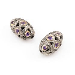 925 Sterling Silver Pave Diamond Beads with Amethyst Stone, Oval Shape-19.00x11.50mm, Gold And Black Rhodium Plating. Sold By 1 Pcs, F-1625