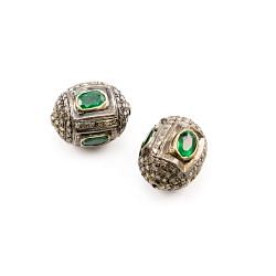 925 Sterling Silver Pave Diamond Beads with Emerald Stone, Drum Shape-17.00x13.00mm, Gold And Black Rhodium Plating. Sold By 1 Pcs, F-1641