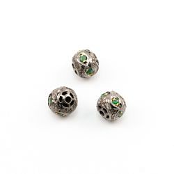 925 Sterling Silver Pave Diamond Beads with Emerald Stone, Roundel Shape-9.00x9.50mm, Gold And Black Rhodium Plating. Sold By 1 Pcs, F-1656