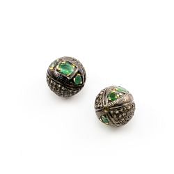 925 Sterling Silver Pave Diamond Beads with Emerald Stone, Round Ball Shape-13.50mm, Gold And Black Rhodium Plating. Sold By 1 Pcs, F-1657