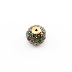 925 Sterling Silver Pave Diamond Beads with Emerald Stone, Roundel Shape-15.00x16.50mm, Gold And Black Rhodium Plating. Sold By 1 Pcs, F-1668