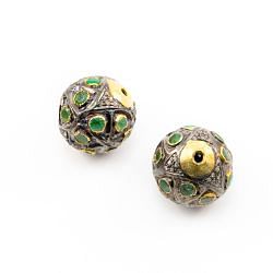 925 Sterling Silver Pave Diamond Beads with Emerald Stone, Round Ball Shape-17.00x17.00mm, Gold And Black Rhodium Plating. Sold By 1 Pcs, F-1670
