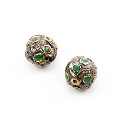 925 Sterling Silver Pave Diamond Beads Studded With Emerald Stone - 14X14.50 MM,  F-1672