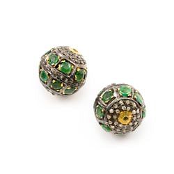 925 Sterling Silver Pave Diamond Beads with Emerald Stone, Roundel Shape-14.50x15.00mm, Gold And Black Rhodium Plating. Sold By 1 Pcs, F-1673
