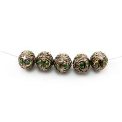 925 Sterling Silver Pave Diamond Beads with Emerald Stone, Roundel Shape-9.00x10.00mm, Gold And Black Rhodium Plating. Sold By 1 Pcs, F-1674