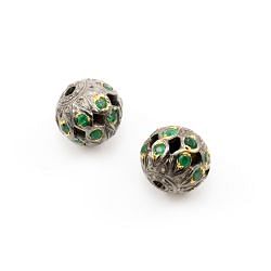 925 Sterling Silver Pave Diamond Beads with Emerald Stone, Oval Shape-12.00x13.00mm, Gold And Black Rhodium Plating. Sold By 1 Pcs, F-1678
