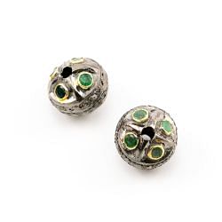 925 Sterling Silver Pave Diamond Beads with Emerald Stone, Oval Shape-11.00x12.50mm, Gold And Black Rhodium Plating. Sold By 1 Pcs, F-1679