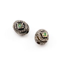 925 Sterling Silver Pave Diamond Beads with Emerald Stone, Oval Shape-14.50x11.00x12.00mm, Gold And Black Rhodium Plating. Sold By 1 Pcs, F-1682