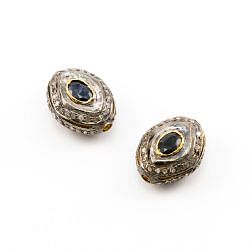 925 Sterling Silver Pave Diamond Beads with Sapphire Stone, Oval Shape-17.00x13.00x9.50mm, Gold And Black Rhodium Plating. Sold By 1 Pcs, F-1684