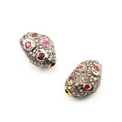 925 Sterling Silver Pave Diamond Beads with Ruby Stone, Nugget Shape-17.00x11.00x8.50mm, Gold And Black Rhodium Plating. Sold By 1 Pcs, F-1687