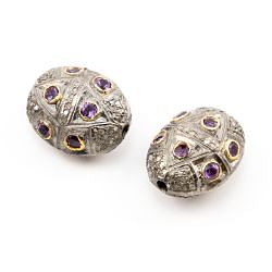 925 Sterling Silver Pave Diamond Beads with Amethyst  Stone, Oval Shape-21.00x17.00x12.00mm, Gold And Black Rhodium Plating. Sold By 1 Pcs, F-1690