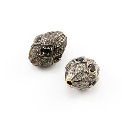 925 Sterling Silver Pave Diamond Beads with Sapphire Stone, Drum Shape-20.00x15.50mm, Gold And Black Rhodium Plating. Sold By 1 Pcs, F-1709