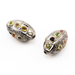 925 Sterling Silver Pave Diamond Beads with Multi Tourmaline Stone, Drum Shape-23.00x15.00mm, Gold And Black Rhodium Plating. Sold By 1 Pcs, F-1712