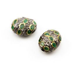925 Sterling Silver Pave Diamond Beads with Emerald Stone, Oval Shape-20.00x16.00x11.00mm, Gold And Black Rhodium Plating. Sold By 1 Pcs, F-1722
