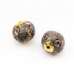 925 Sterling Silver Pave Diamond Beads with Tourmaline Stone, Roundel Shape-17.00x16.00mm, Gold And Black Rhodium Plating. Sold By 1 Pcs, F-1724