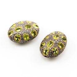925 Sterling Silver Pave Diamond Beads with Peridot  Stone, Oval Shape-29.00x21.00x13.50mm, Gold And Black Rhodium Plating. Sold By 1 Pcs, F-1733