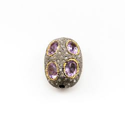 925 Sterling Silver Pave Diamond Beads with Pink Amethyst Stone, Oval Shape-23.00x16.00x13.00mm, Gold And Black Rhodium Plating. Sold By 1 Pcs, F-1740
