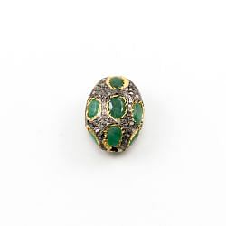 925 Sterling Silver Pave Diamond Beads with Emerald Stone, Oval Shape-24.00x17.50x13.00mm, Gold And Black Rhodium Plating. Sold By 1 Pcs, F-1744