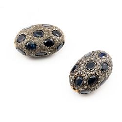 925 Sterling Silver Pave Diamond Beads with Sapphire Stone, Oval Shape-23.50x15.50x13.00mm, Gold And Black Rhodium Plating. Sold By 1 Pcs, F-1749