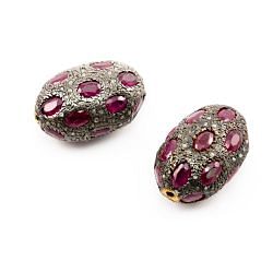 925 Sterling Silver Pave Diamond Beads with Ruby Stone, Oval Shape-24.00x16.00x13.00mm, Gold And Black Rhodium Plating. Sold By 1 Pcs, F-1751